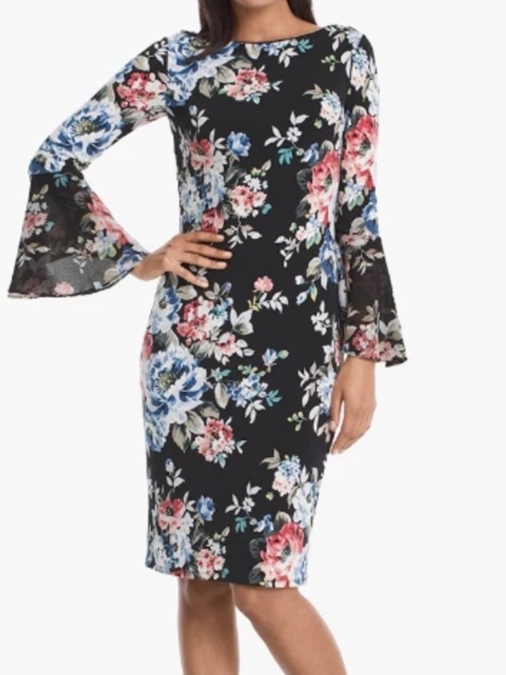 White House Black Market Black Floral Bell-Sleeve Sheath Dress M